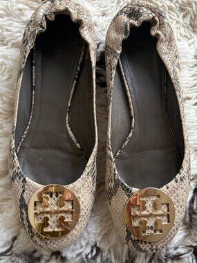 Tory Burch Reva Snakeskin Flats, Size: 10